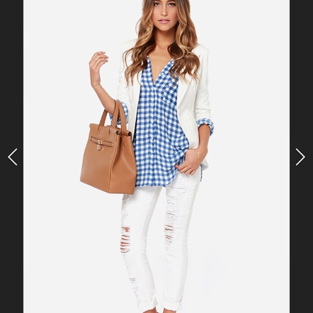 Side stitch blue white plaid button up shirt XL